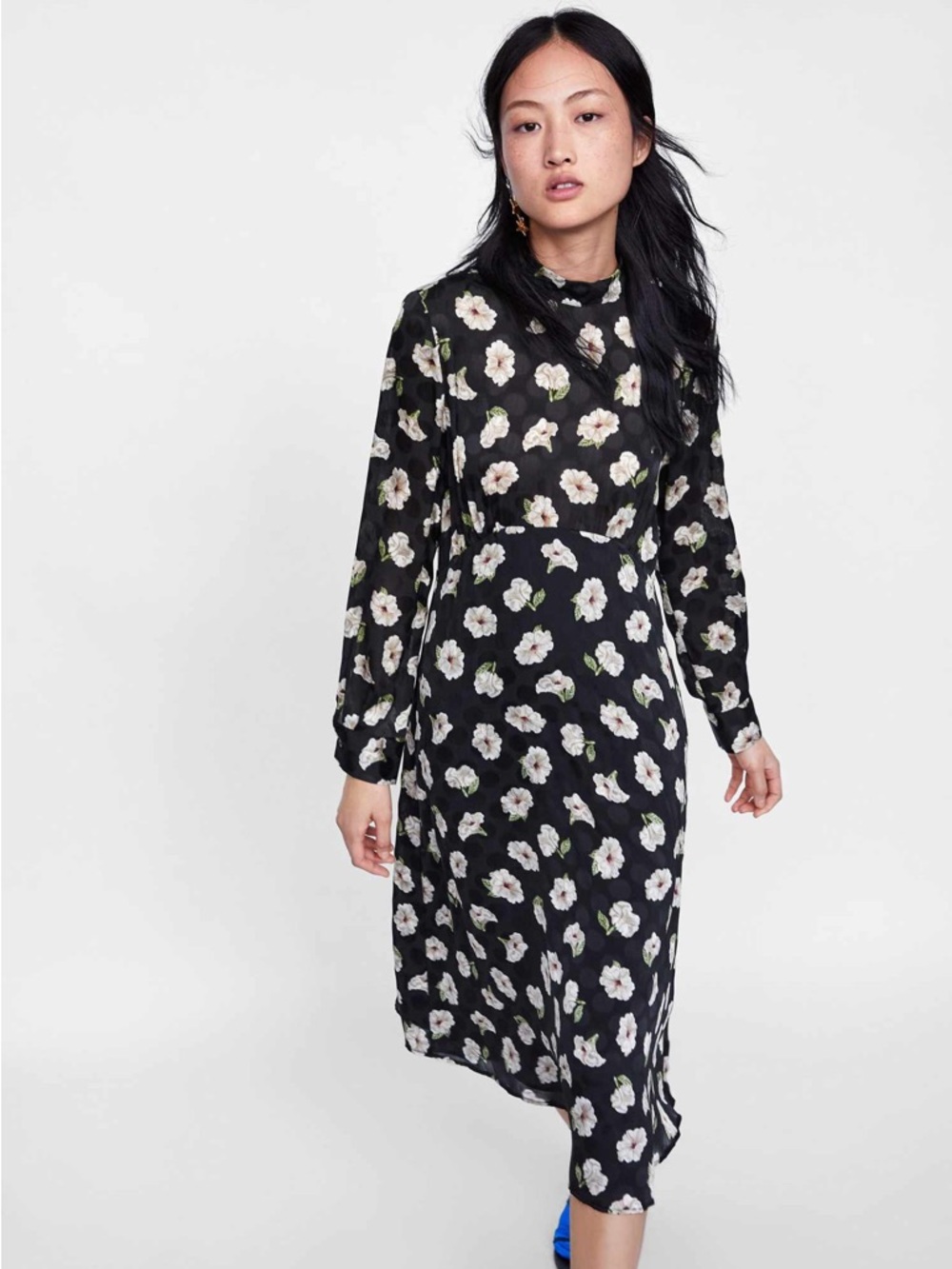Zara Black Floral Long-Sleeve Midi Dress